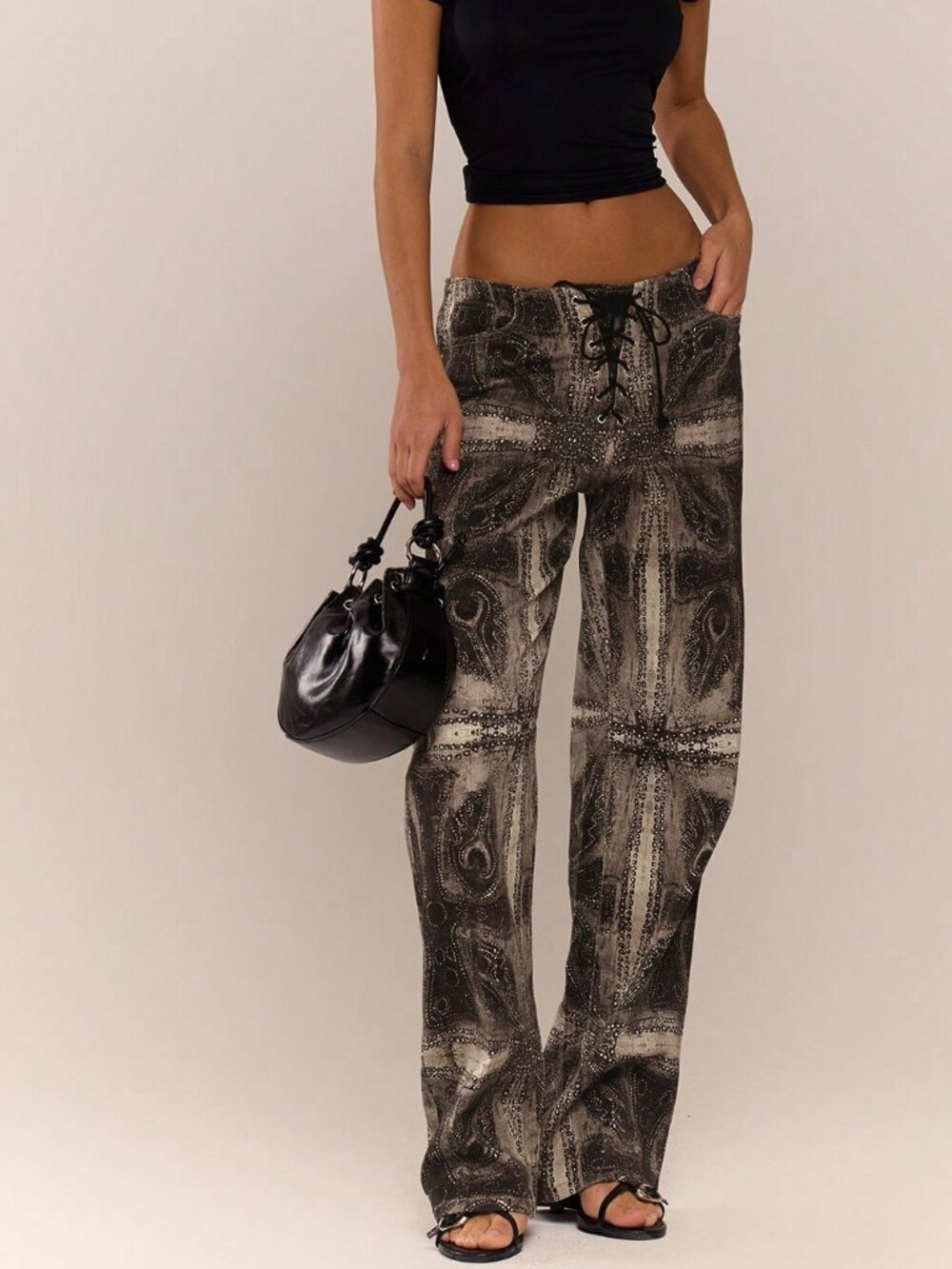 Mocha Brown Casual Women's Peacock Print Lace Up Straight Leg Printed Jeans